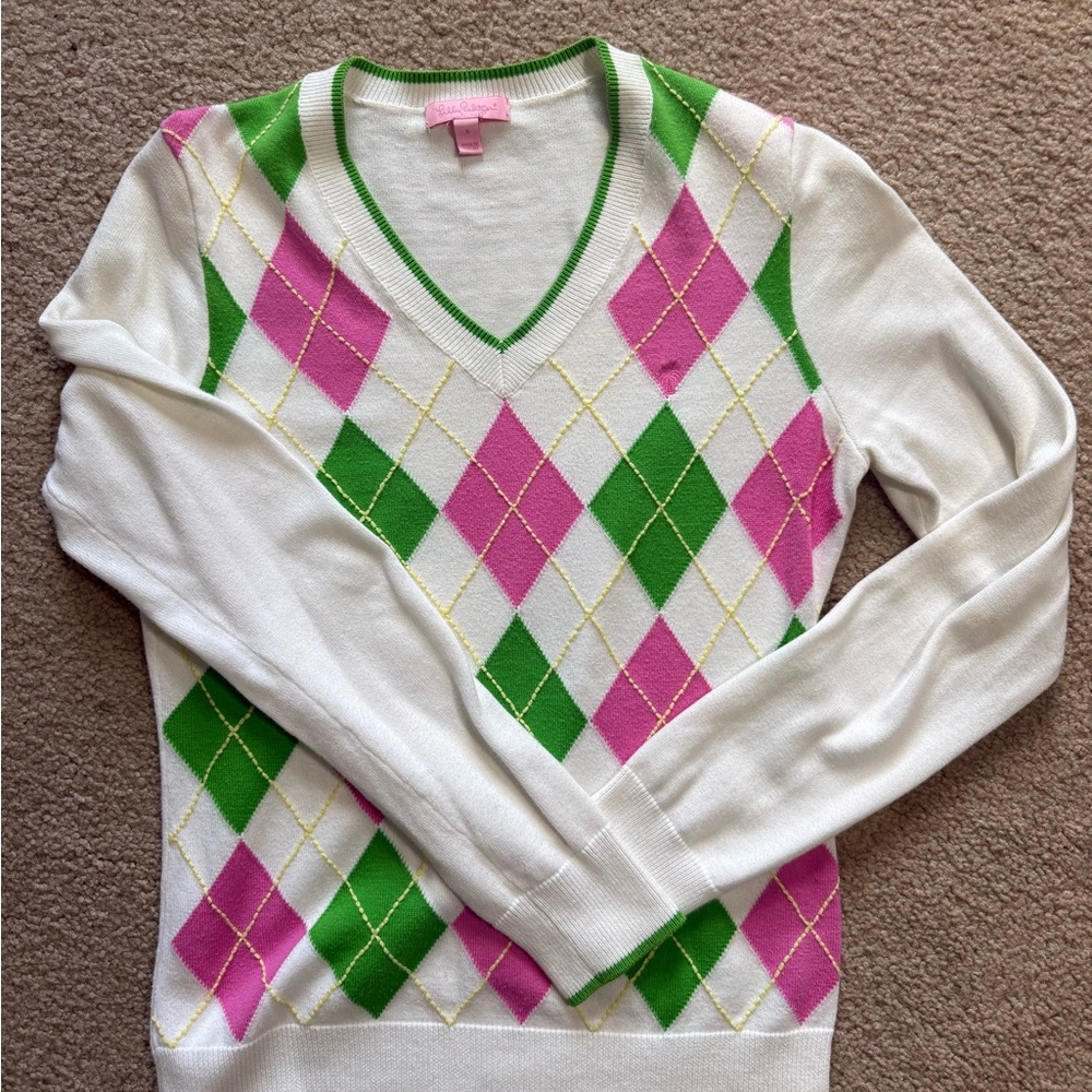 Lilly Pulitzer V-Neck Sweater - Pink, Green, and White Argyle